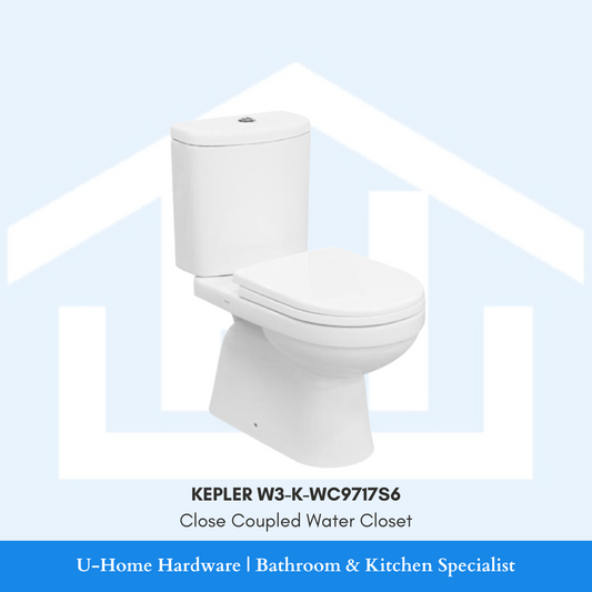 Close coupled water closet in white color with a chrome plated push type button on the tank lid.
KEPLER W3-K-WC9717S6 Close Coupled Water Closet