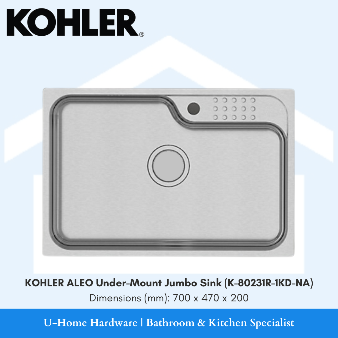 A KOHLER ALEO under-mount jumbo kitchen sink made of 304 stainless steel, displayed against a white background.