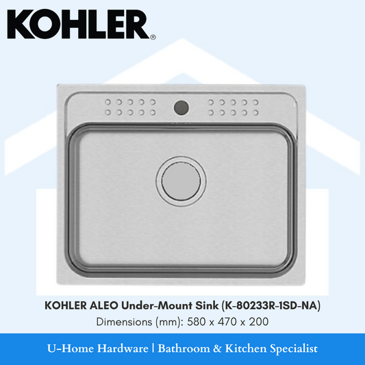 KOHLER ALEO Under Mount Sink, stainless steel, with dimensions labeled as 550mm x 550mm x 40mm.