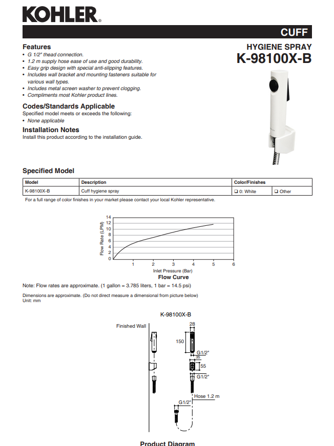 KOHLER CUFF Hygiene Bidet Spray Set 1.0 product features, installation notes, specified model and product diagram with measurements and dimensions