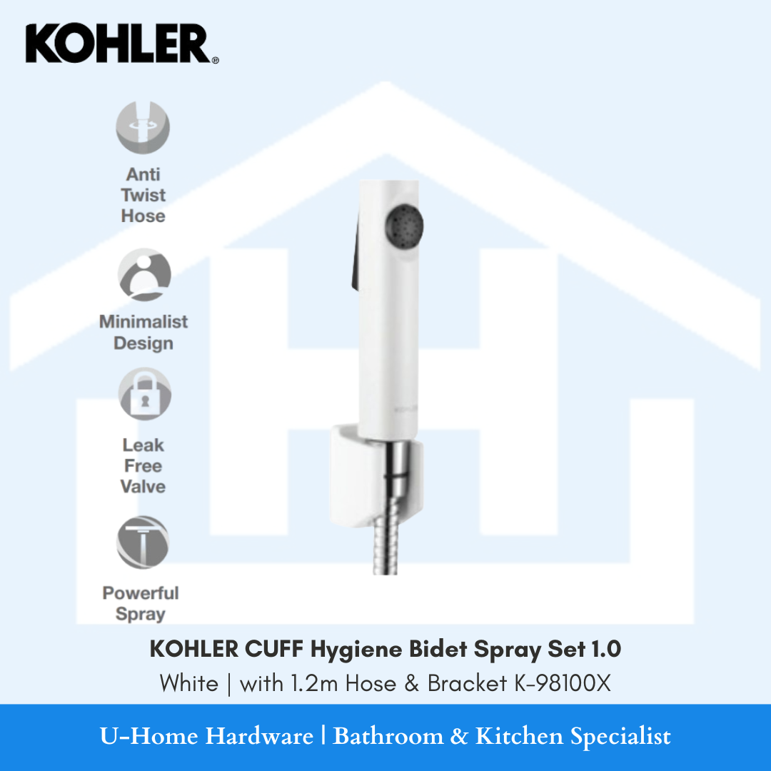 KOHLER Cuff 1.0 K-98100X-0 hygiene bidet spray set in classic white finish with 1.2m matching hose and bracket.