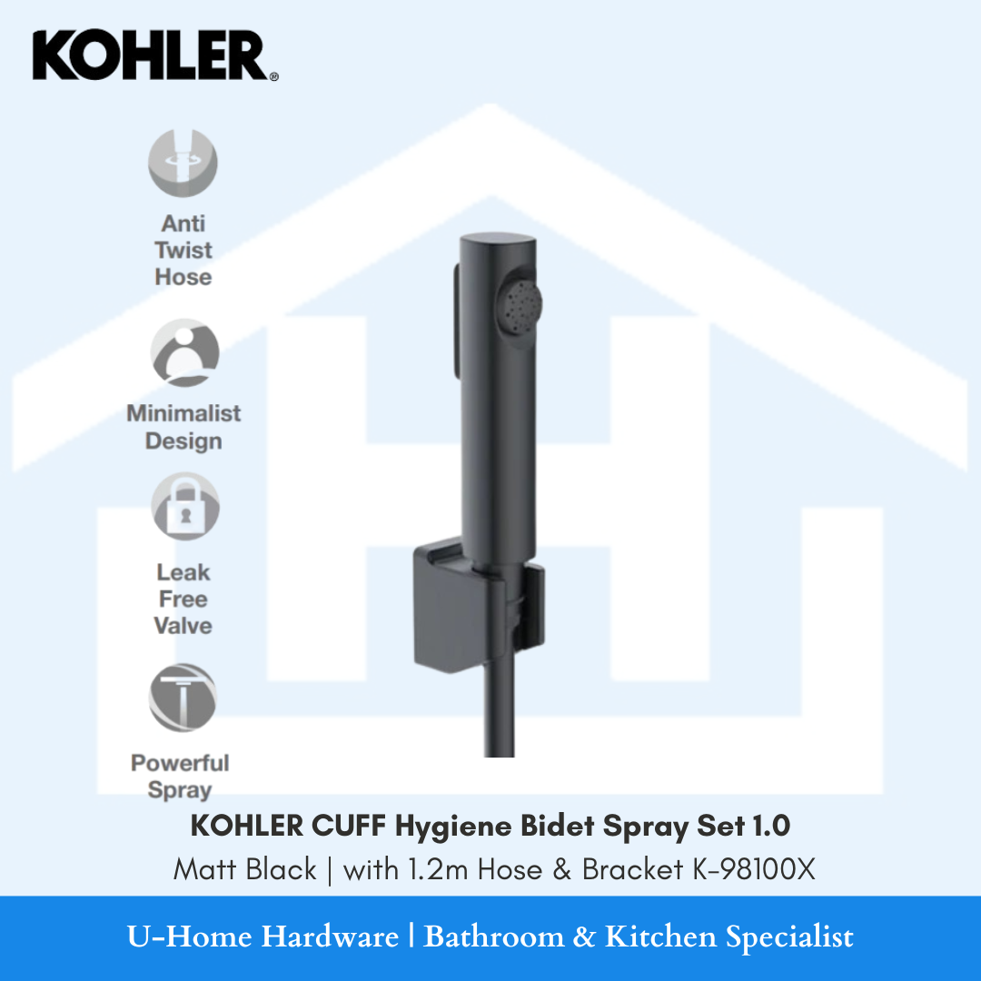 KOHLER Cuff 1.0 hygiene bidet spray set in matt black finish complete with trigger handset, hose, and wall bracket.