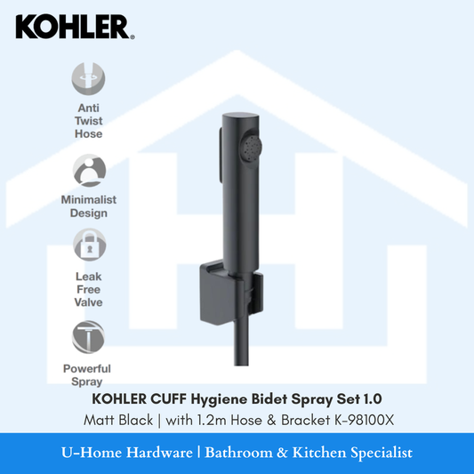 KOHLER Cuff 1.0 hygiene bidet spray set in matt black finish complete with trigger handset, hose, and wall bracket.
