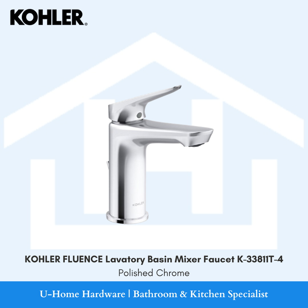 Side profile view of KOHLER Fluence bathroom sink faucet showing the clean angular spout design, smooth metal lever handle, and deck-mounted base.
