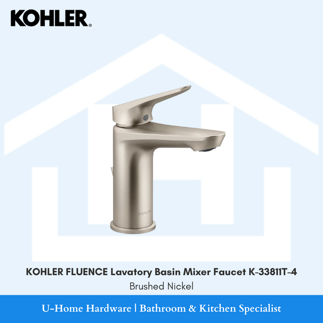 Side profile of deck-mounted KOHLER Fluence bathroom tap highlighting its sleek angular spout and smooth lever handle in textured brushed nickel.