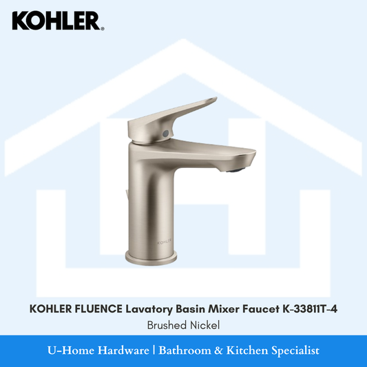 Side profile of deck-mounted KOHLER Fluence bathroom tap highlighting its sleek angular spout and smooth lever handle in textured brushed nickel.