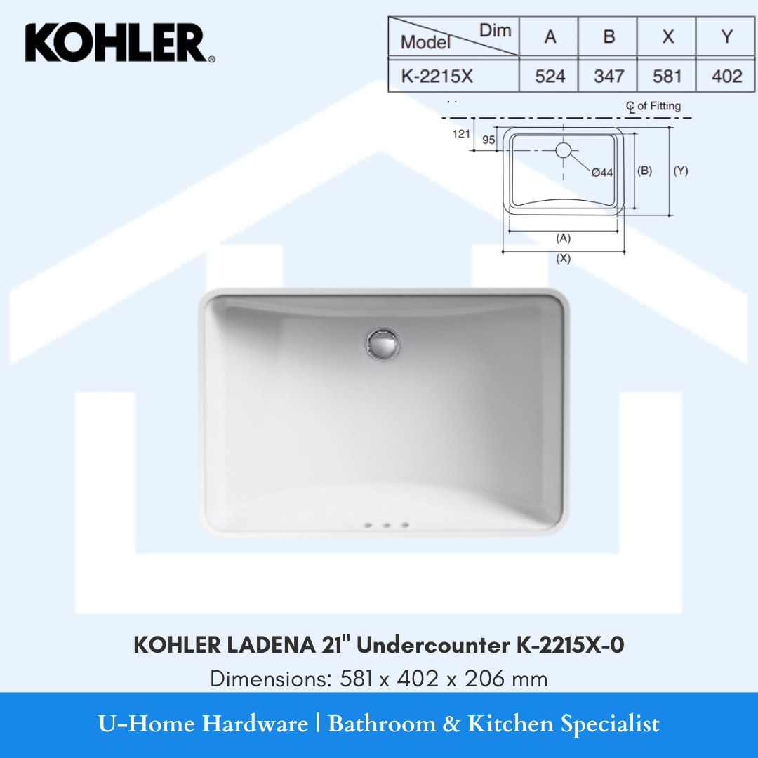 Top-down technical diagram and product photo of the KOHLER Ladena K-2215X-0 sink, highlighting its minimalist undercounter profile and spacious interior.