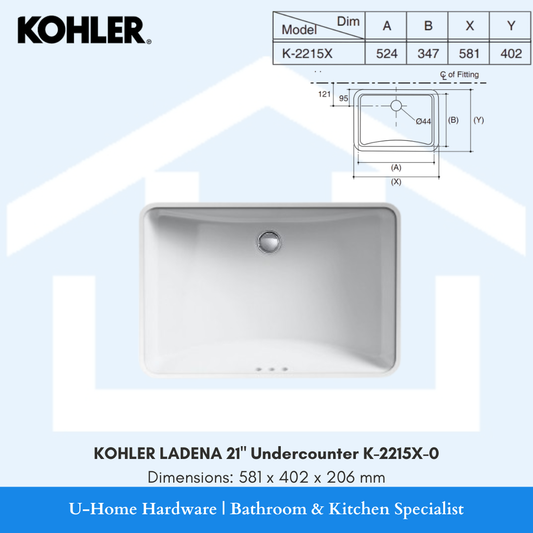 Top-down technical diagram and product photo of the KOHLER Ladena K-2215X-0 sink, highlighting its minimalist undercounter profile and spacious interior.
