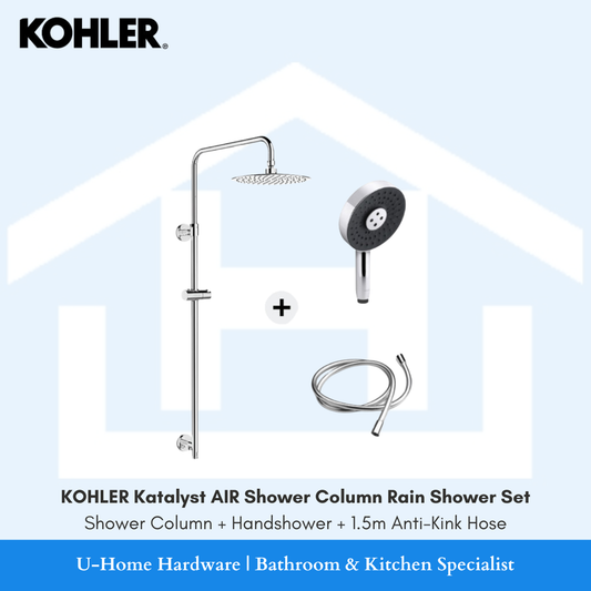 KOHLER Katalyst AIR shower column rain shower set with matching handshower and hose.