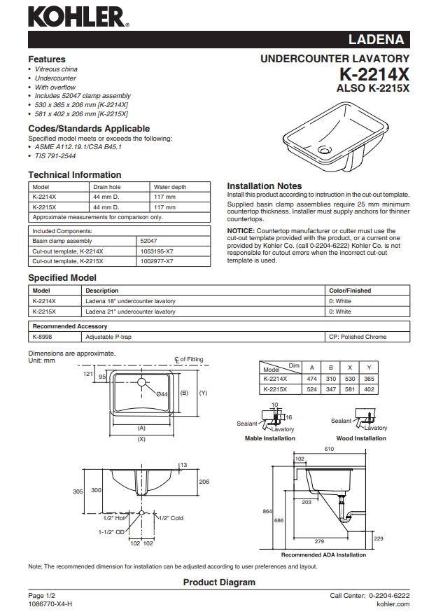 KOHLER LADENA 18" Undercounter K-2214X-0 product measurements, technical drawings, product features, installation notes, specified model and product diagram.