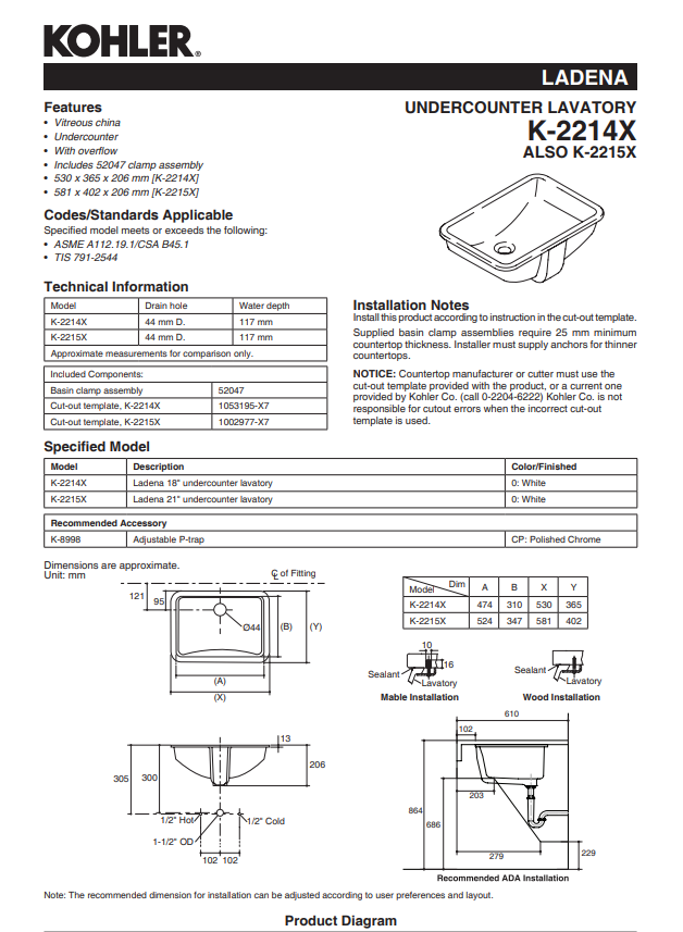 KOHLER LADENA 21" Undercounter K-2215X-0 product features, product measurements, technical drawings, installation notes and specified model.