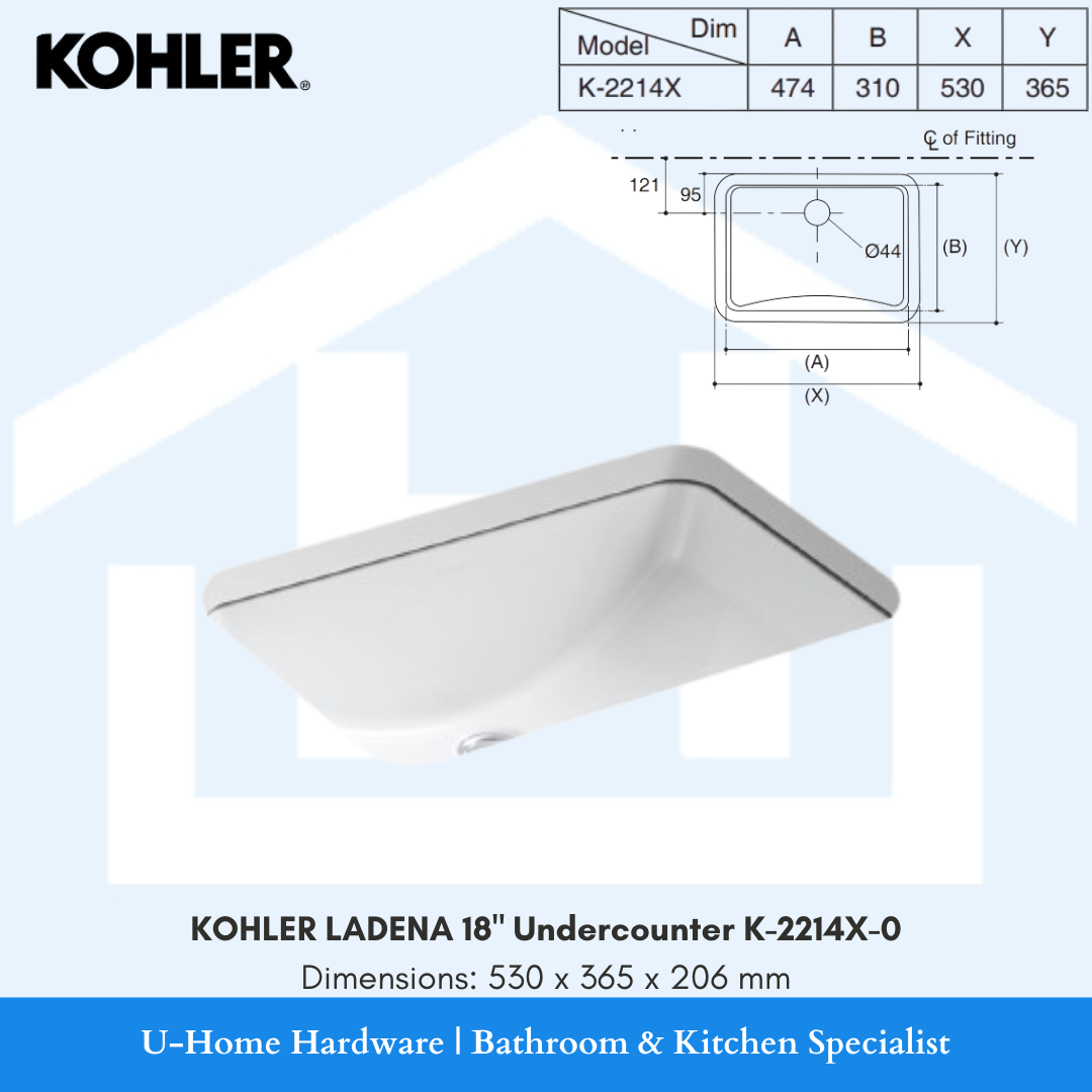 A top-down technical diagram and product photo of the KOHLER Ladena K-2214X-0 sink, highlighting its minimalist profile and undermount installation style.