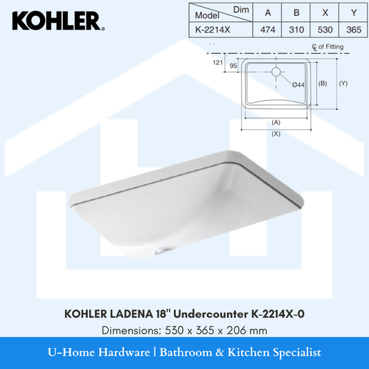 A top-down technical diagram and product photo of the KOHLER Ladena K-2214X-0 sink, highlighting its minimalist profile and undermount installation style.