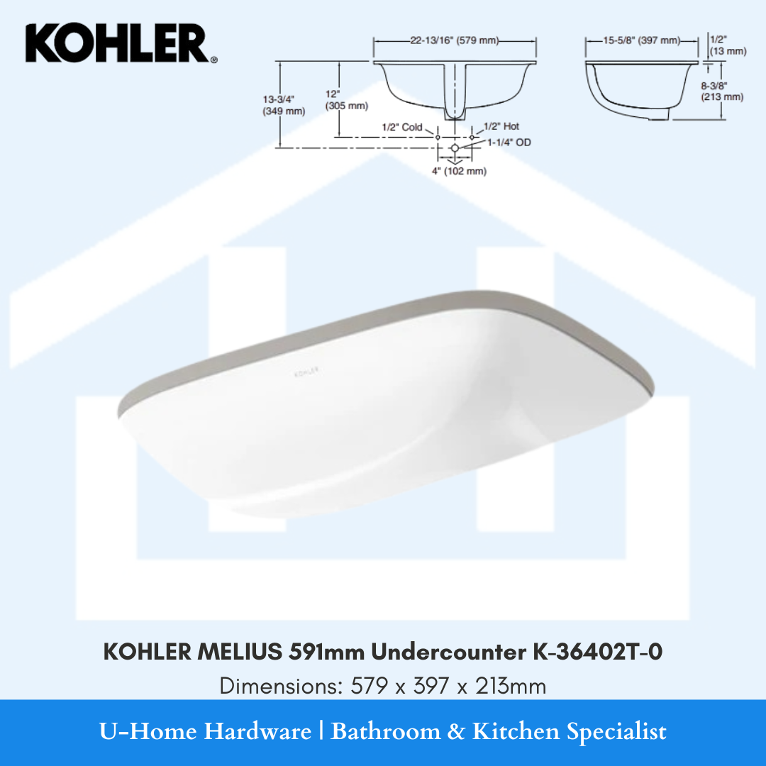 Front perspective of the KOHLER MELIUS K-36402T-0 undercounter bathroom sink, showcasing its smooth white rectangular bowl and deep interior profile.