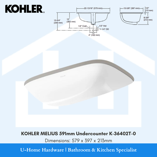 Front perspective of the KOHLER MELIUS K-36402T-0 undercounter bathroom sink, showcasing its smooth white rectangular bowl and deep interior profile.