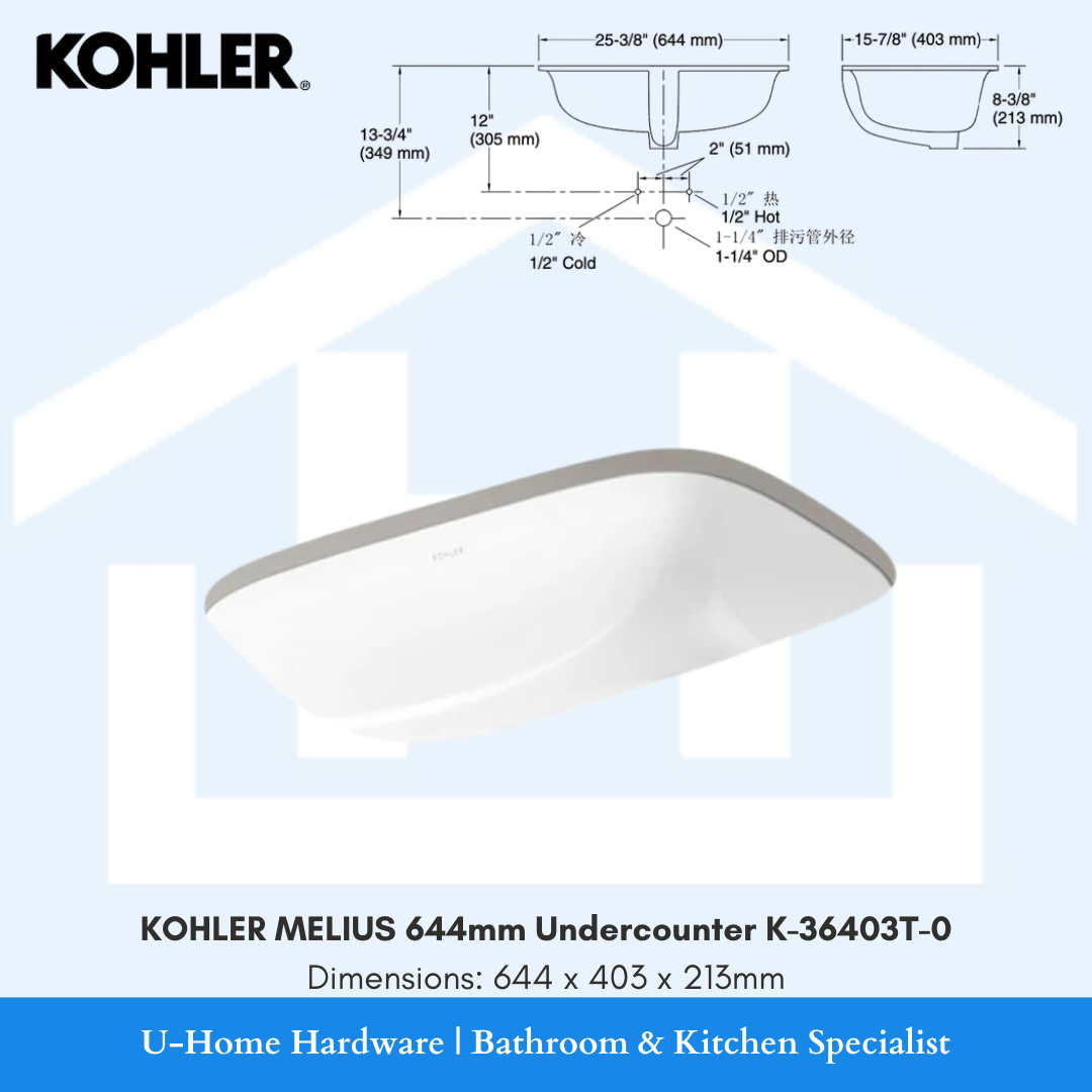 Front perspective of the KOHLER MELIUS 644mm undercounter basin (K-36403T-0), showcasing its expansive white rectangular bowl and seamless built-in profile.