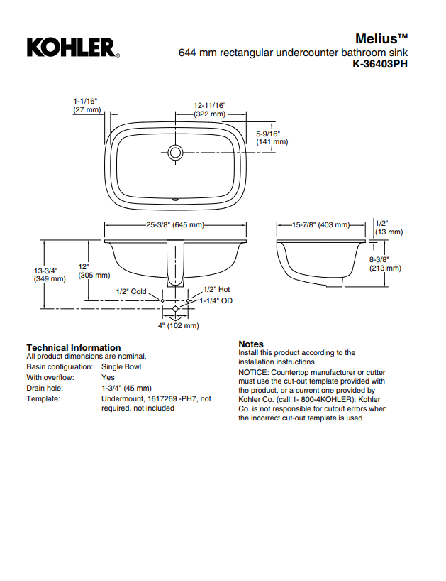 KOHLER MELIUS 644mm Undercounter K-36403T-0 product measurements and technical drawings.
