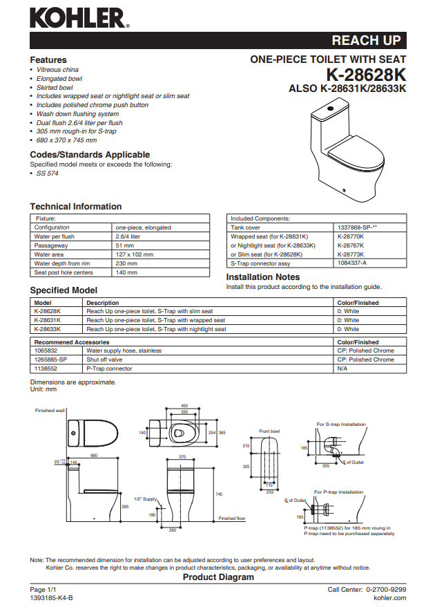 Kohler toilet product sheet with technical details and installation diagrams.