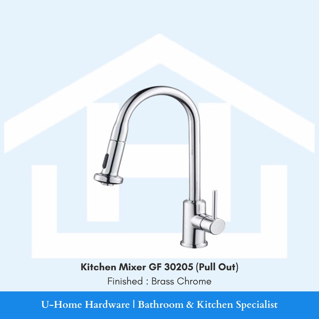 "A professional product shot of the 425mm tall GF 30205 kitchen mixer featuring a brilliant, mirror-finish Brass Chrome plating and a dramatic high-arc neck