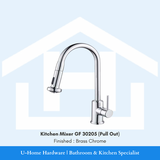 "A professional product shot of the 425mm tall GF 30205 kitchen mixer featuring a brilliant, mirror-finish Brass Chrome plating and a dramatic high-arc neck