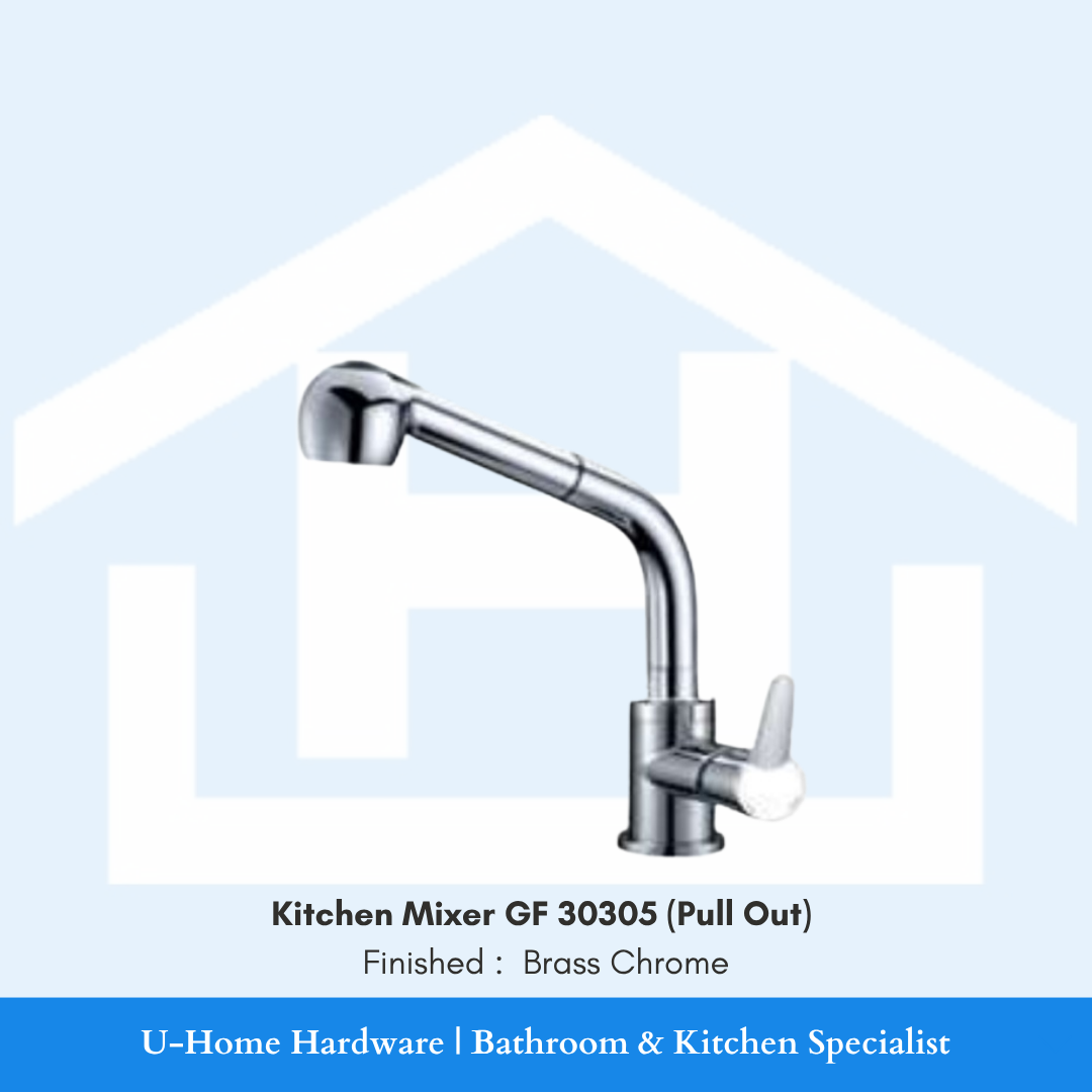 A professional product shot of the 300mm tall GF 30305 kitchen mixer featuring a brilliant, mirror-finish Brass Chrome plating and an integrated pull-out spray head.