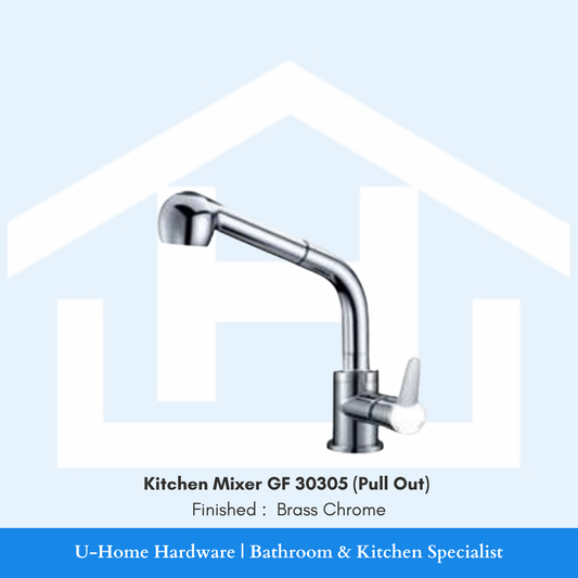 A professional product shot of the 300mm tall GF 30305 kitchen mixer featuring a brilliant, mirror-finish Brass Chrome plating and an integrated pull-out spray head.