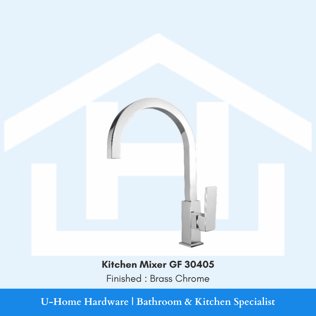 Side profile view of a high-arc GF 30405 kitchen faucet in polished chrome, highlighting the 195mm spout height and the generous 235mm horizontal reach