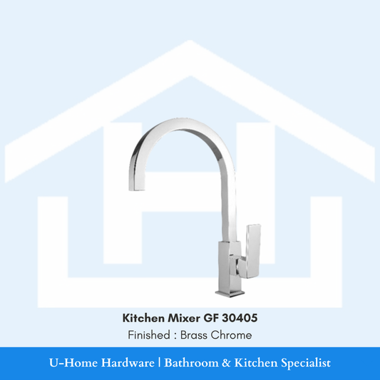 Side profile view of a high-arc GF 30405 kitchen faucet in polished chrome, highlighting the 195mm spout height and the generous 235mm horizontal reach
