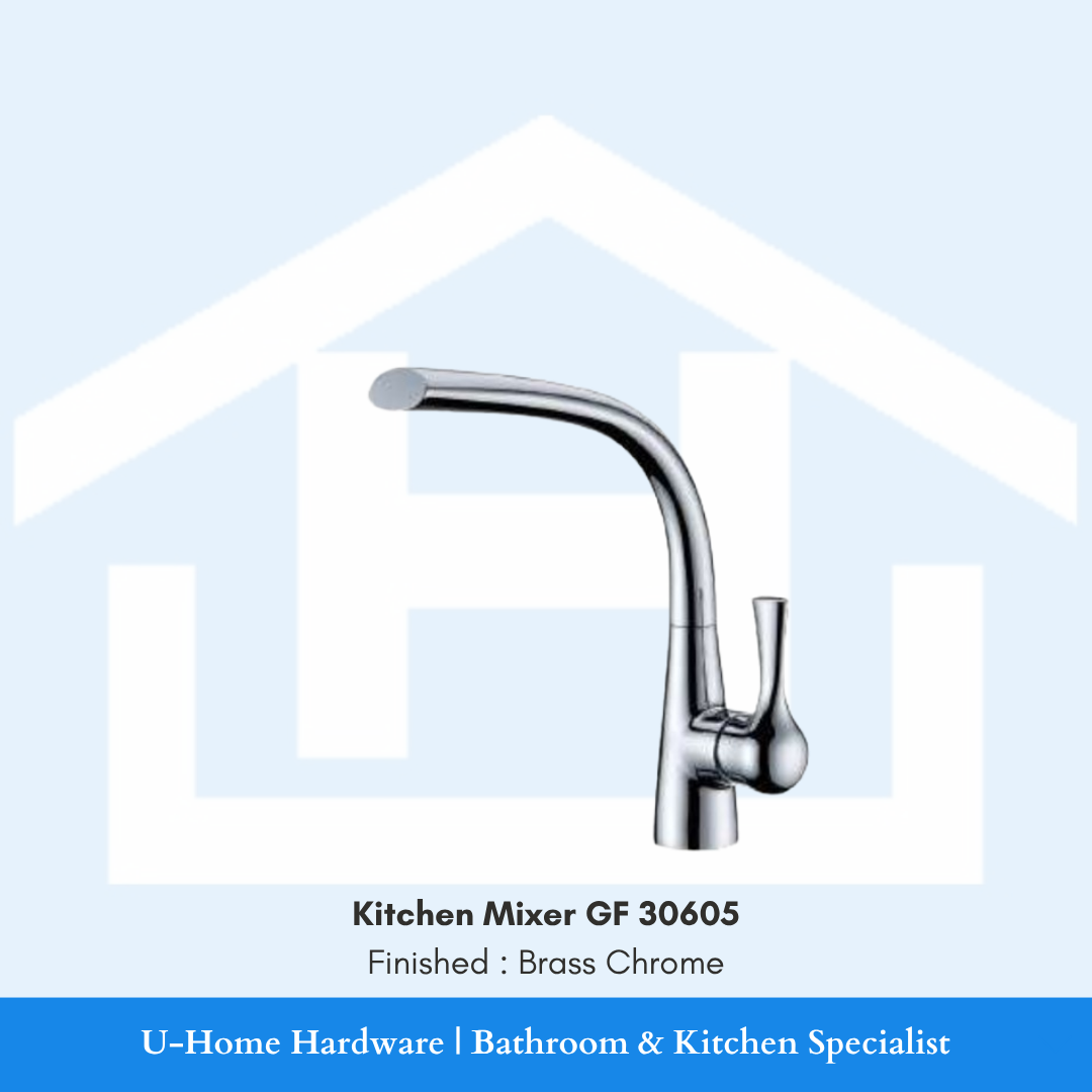 Close-up of the arched chrome spout tip on the GF 30605 faucet, showing the integrated aerator and the flawless, reflective metallic surface
