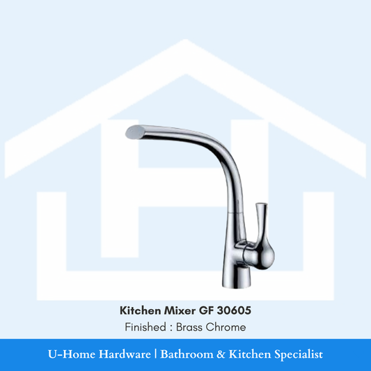 Close-up of the arched chrome spout tip on the GF 30605 faucet, showing the integrated aerator and the flawless, reflective metallic surface
