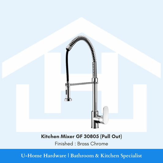 A professional product shot of the 695mm tall GF 30805 kitchen mixer featuring a dramatic industrial spring-neck design and brilliant Brass Chrome plating