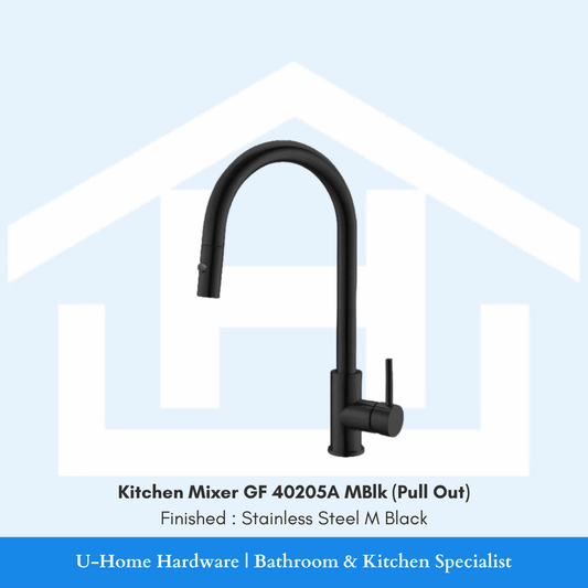 A professional product shot of the 430mm tall GF 40205A MBlk kitchen mixer featuring a sophisticated Stainless Steel Matt Black finish and a dramatic high-arc neck.