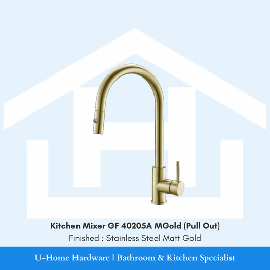 A professional product shot of the 430mm tall GF 40205A MGold kitchen mixer featuring a sophisticated Stainless Steel Matt Gold finish and a dramatic high-arc neck