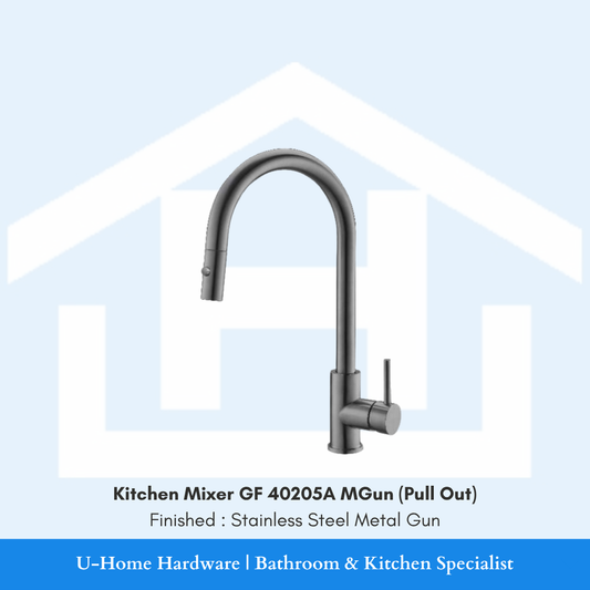 product shot of the 430mm tall GF 40205A MGun kitchen mixer featuring a sophisticated Stainless Steel Metal Gun finish and a dramatic high-arc neck.