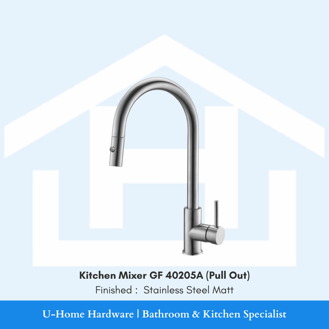 A professional product shot of the 430mm tall GF 40205A kitchen mixer featuring a premium Stainless Steel Matt finish and a dramatic high-arc neck.