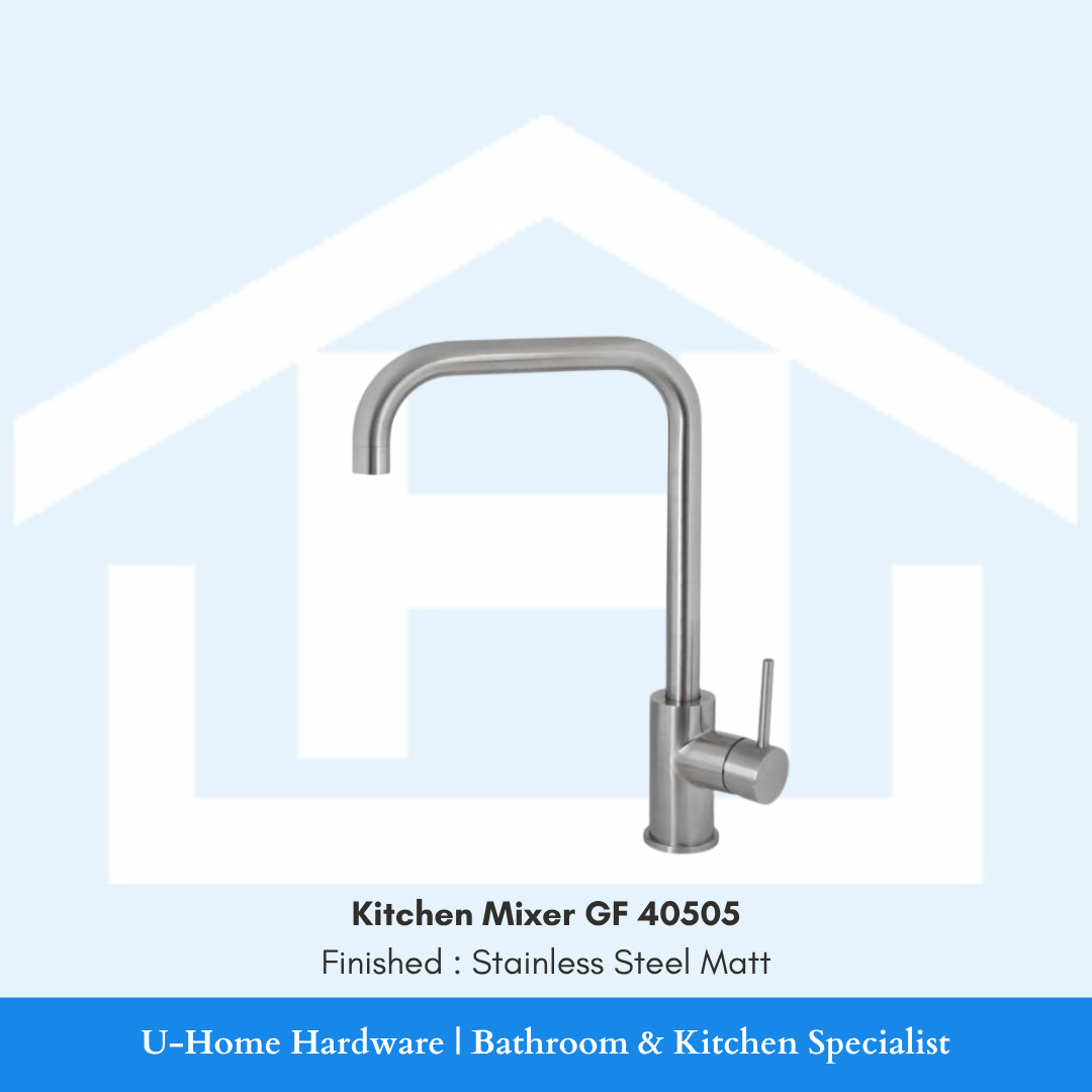 Close-up of the curved stainless steel spout tip on the GF 40505 faucet, showing the integrated aerator and the non-reflective brushed metallic surface