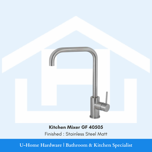 Close-up of the curved stainless steel spout tip on the GF 40505 faucet, showing the integrated aerator and the non-reflective brushed metallic surface