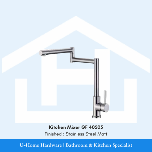A professional product shot of the 345mm tall GF 40505 kitchen mixer featuring a premium Stainless Steel Matt finish.
