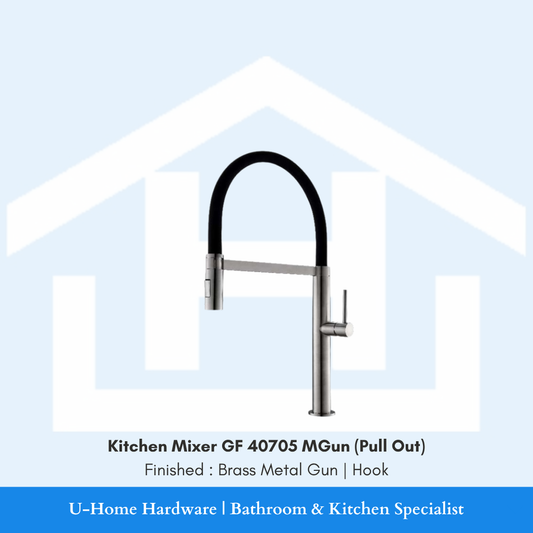 A professional product shot of the 550mm tall GF 40705 MGun kitchen mixer featuring a sophisticated Brass Metal Gun finish and a dramatic high-arc spring-style neck.