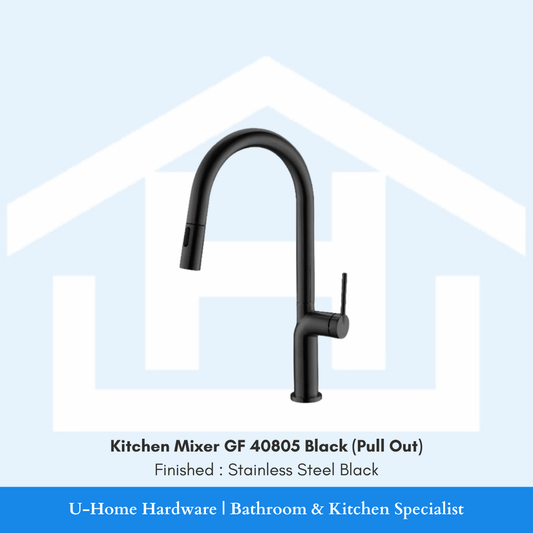 A professional product shot of the 430mm tall GF 40805 Black kitchen mixer featuring a sophisticated Stainless Steel Black finish and a dramatic high-arc neck.