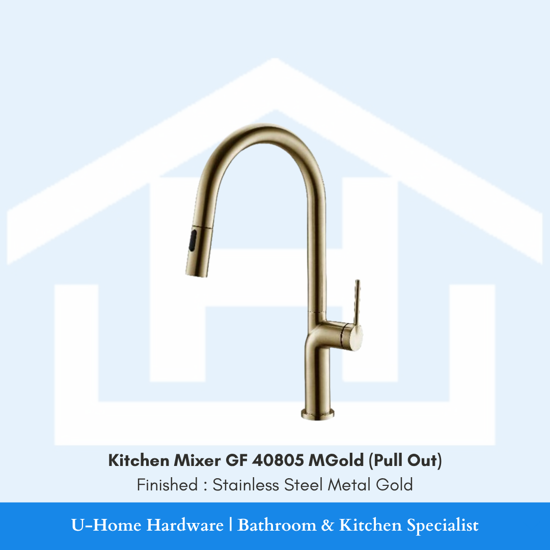 A professional product shot of the 430mm tall GF 40805 MGold kitchen mixer featuring a sophisticated Stainless Steel Metal Gold finish and a dramatic high-arc neck.