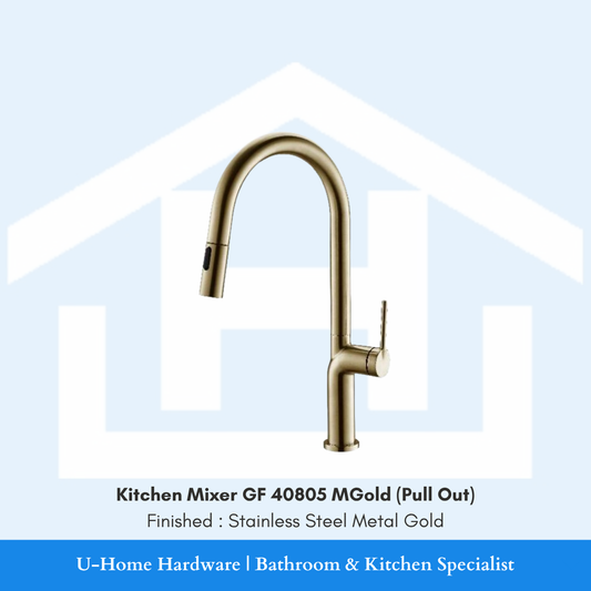 A professional product shot of the 430mm tall GF 40805 MGold kitchen mixer featuring a sophisticated Stainless Steel Metal Gold finish and a dramatic high-arc neck.