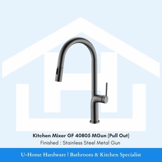 A professional product shot of the 430mm tall GF 40805 MGun kitchen mixer featuring a sophisticated Stainless Steel Black finish and a dramatic high-arc neck.
