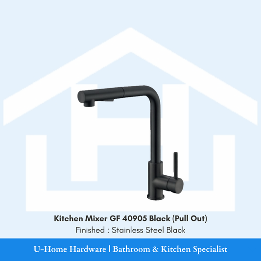 Architectural side profile of the GF 40905 Black pull-out mixer, emphasizing the 215mm spout height and the clean, seamless curves of the 3-Ticks WELS rated faucet