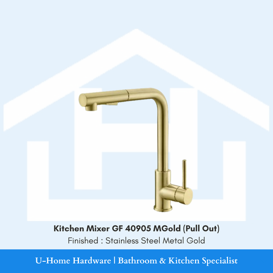 Architectural profile of the GF 40905 MGold kitchen mixer in Stainless Steel Metal Gold, showcasing a sophisticated brushed champagne-gold tone and a dramatic 430mm high-arc silhouette.