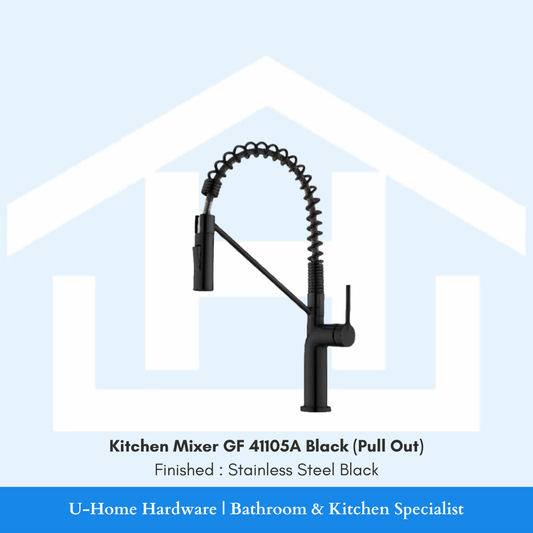Close-up of the extendable black spout on the GF 41105 A Black faucet, showcasing the flexible neck and the smooth, non-reflective stainless steel surface