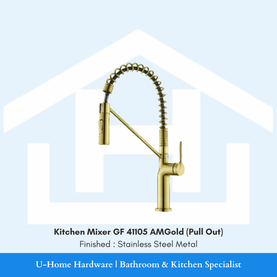 Close-up of the extendable gold spout on the GF 41105 AMGold faucet, showcasing the flexible neck and the smooth, non-reflective Metal Gold surface.