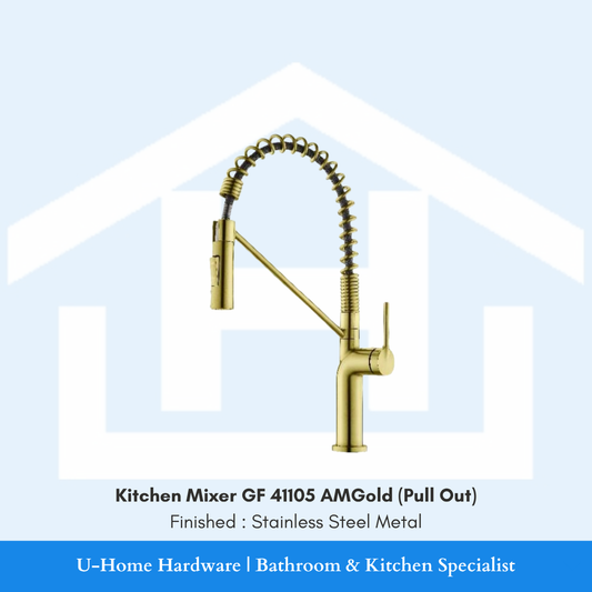 Close-up of the extendable gold spout on the GF 41105 AMGold faucet, showcasing the flexible neck and the smooth, non-reflective Metal Gold surface.