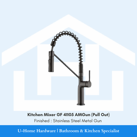 Close-up of the extendable gunmetal spout on the GF 41105 AMGun faucet, showcasing the flexible neck and the smooth, non-reflective metallic surface.