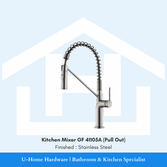 A professional product shot of the 430mm tall GF 41105 A kitchen mixer featuring a sophisticated Stainless Steel finish and a dramatic high-arc neck.